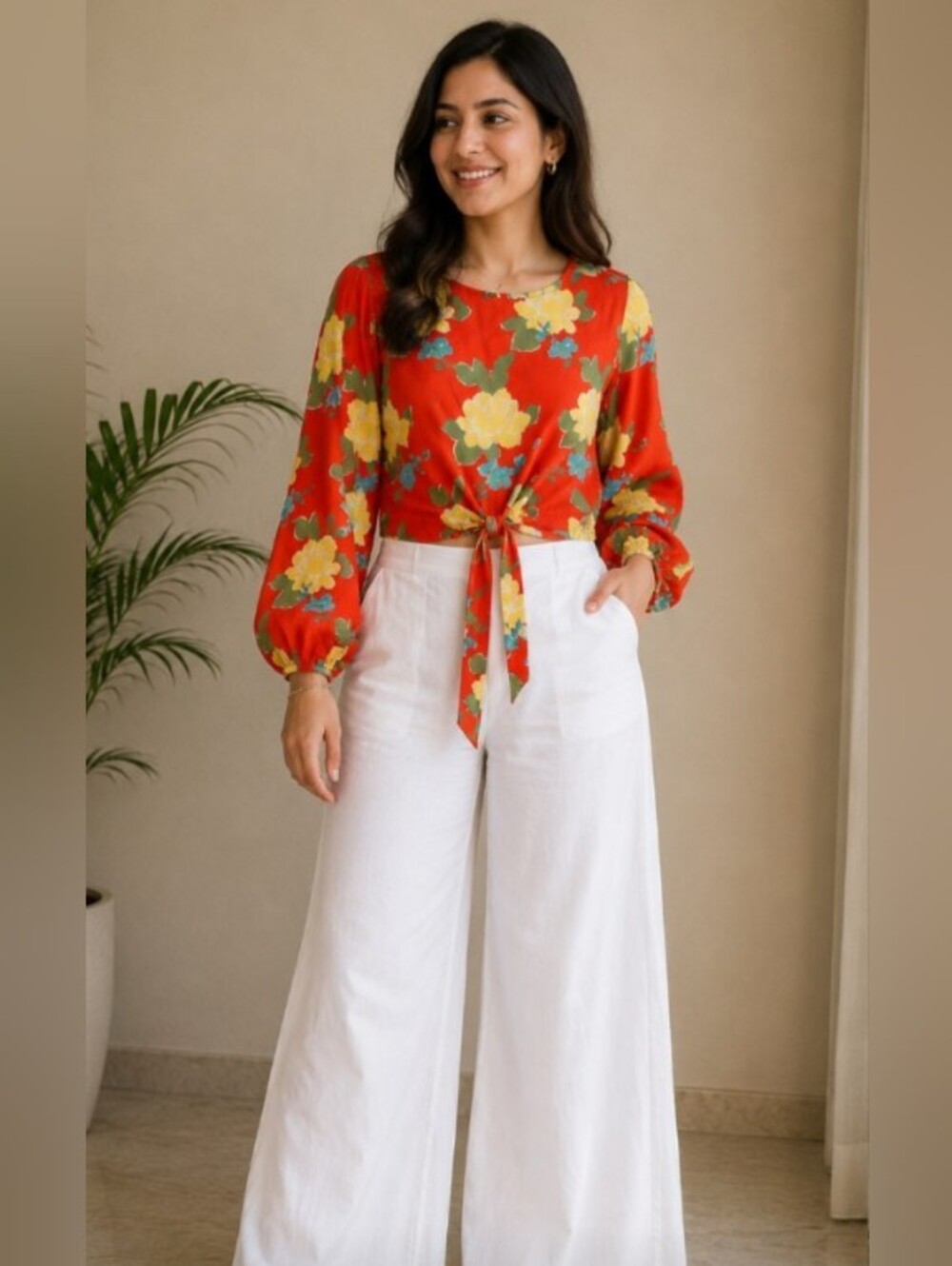 Anthropologie WHIT LARGE Red Floral Tie-Front CROP Balloon Sleeve Top